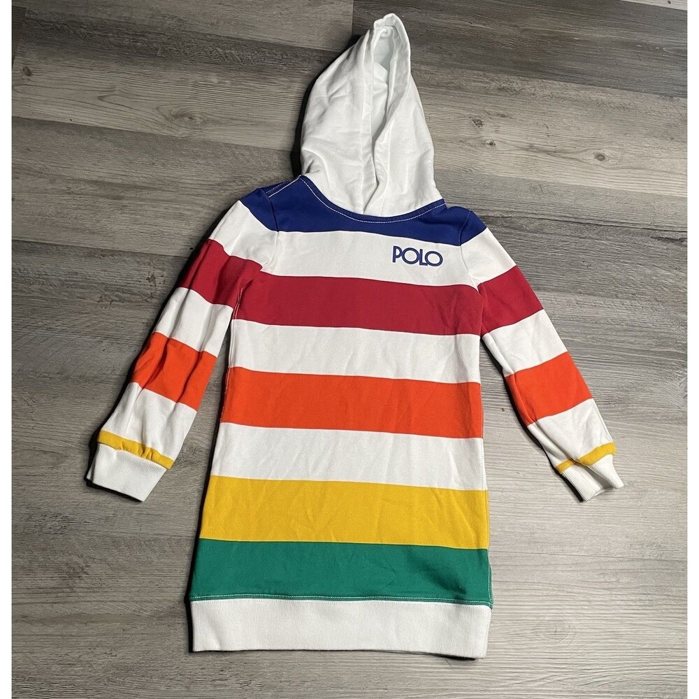 Polo Ralph Lauren Girls Rainbow Striped French Terry Hoodie Dress Logo - 6X